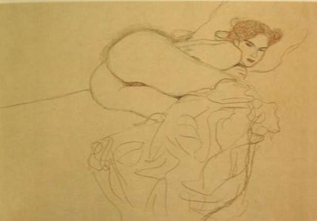 Rysunek Klimta - Akt leżący i skulony